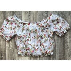 Forever 21 Womens 2X Floral Lined Embroidered Mesh Lace Off Shoulder Crop Top